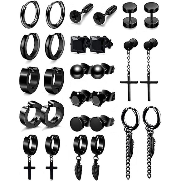 14 pairs Punk Black Hoop Dangle Stud Earrings - Picture 2 of 6